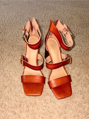 Ready for Summer-Madden Girl Brown Leather Block Heel Sandals with Ankle Buckles